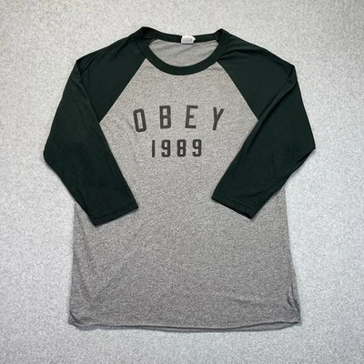 Obey Raglan T-Shirt Men’s Large Green Gray Made in USA Spellout Vintage Skate - Image 1 of 4