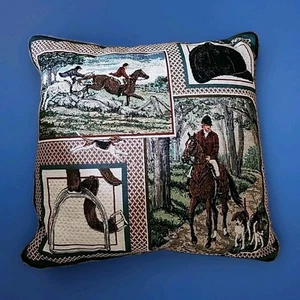 Vtg Fox Hunt Hunting Tapestry Throw Pillow 16X16 Equestrian NO ODOR OR STAINS - Picture 1 of 7