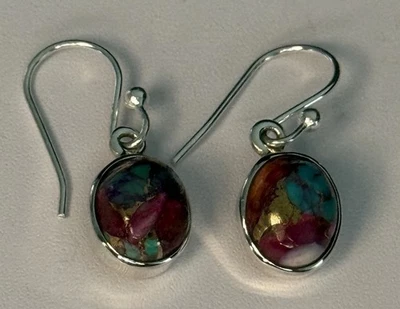 Cotton Candy Turquoise  Copper Pink Dahlia Sterling Silver 925 Dangle Earrings - Image 1 of 2