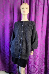 Vintage 1980s Handknit Black Mohair Long Cardigan - Picture 1 of 8