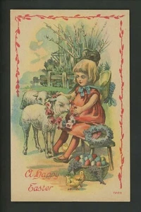 Easter Postcard 7200 Child Lamb Flower Ring Basket Dyed Eggs Bonnet Vintage - Picture 1 of 2
