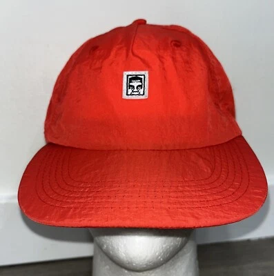 Obey 红色尼龙脸标志均码表带可调节棒球帽罕见 — 第 1/4 张图片