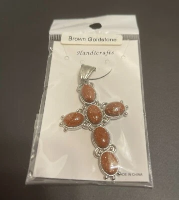 Colgante Artesanía Piedra Dorada Marrón Cruz Tono Plata Foto 1 de 2