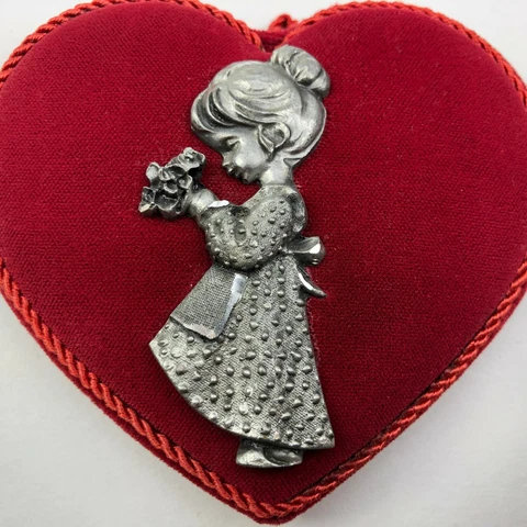 Vintage Velvet Pewter Red Heart Wall Plaque w Stand ITALY Girl Flowers Farmhouse Cover