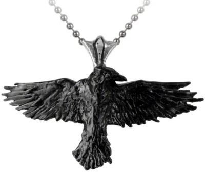 Alchemy Gothic Black Raven Pendant Blackened Fine English Pewter Necklace P193 - Image 1 of 4
