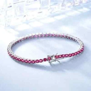 8Ct Round Cut Lab Created Pink Ruby Women Tennis Bracelet 14K White Gold Plated - Picture 1 of 4