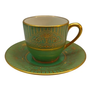 ANTIQUE LENOX CHINA GREEN W GOLD DEMITASSE CUP & SAUCER - Picture 1 of 12