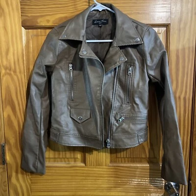 New Love Tree Women's Small Moto Jacket Faux Leather Cropped Tan - Image 1 of 4