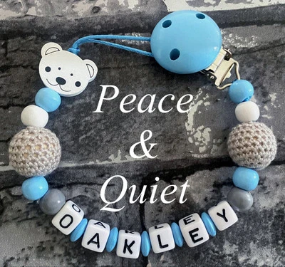 PEACE & QUIET Personalised Dummy Clip💙Wooden⭐️Crochet, Grey💙Teddy⭐️blue💙boy ⭐️gift Chunky