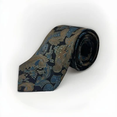 Corbata Damon Toda Seda Para Hombre Paisley Patrón Floral Azul Marrón De Colección Hecha en EE. UU. Foto 1 de 4