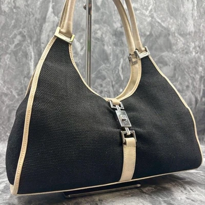 GUCCI Jackie GG canvas shoulder bag Black White Leather Trim Used From Japan - Image 1 of 4