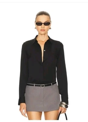 Camisa elástica de seda Theory Sunaya para mujer blusa de lujo negra con botones talla L Foto 1 de 4