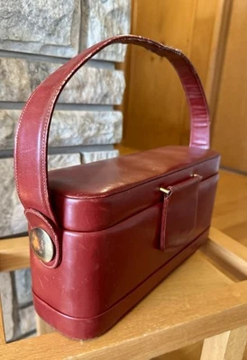 Vintage Dofan Purse Large Box Bag Red Leather Brass Feet Buttons Mirror 1950s - Image 1 of 4