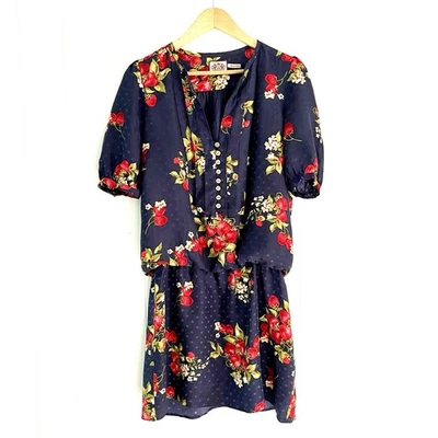 Mini Vestido Juicy Couture Seda S Azul Marino Fresa Floral Manga Abullonada Lunares Foto 1 de 4
