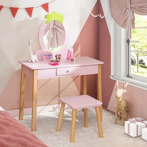 Kid Vanity Table Stool Set with Mirror Wooden Legs Storage Drawer Pink - Foto 1 di 10