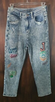 STRANGER THINGS TEEN/GIRL Size 18 Justice Jeans Varsity Patch Acid Wash Jeans - Image 1 of 4