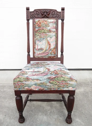 Antique NORTHWIND CARVED MAHOGANY SIDE CHAIR W/ NAUTICAL UPHOLSTERY Greenman Art Cover