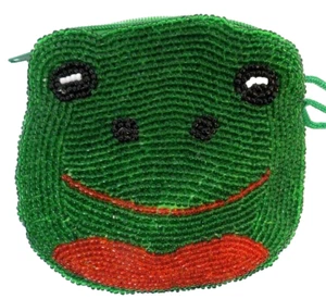 Beaded Change Purse 4x4 Inches Red Green Smiley Face Frog Coin Zipper Great Gift - Picture 1 of 4