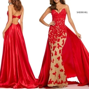 Sherri Hill 52538 Nude Chiffon Lace Appliqué Gown Satin Train Red Sz 10 - Picture 1 of 16