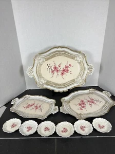 Italy Florentine 3 Trays Nesting 6 Coasters Pink Gold White Cherry Blossoms VTG - Picture 1 of 7