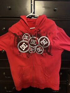 Y2K DC Shoes Red Zip Up Hoodie Big Logo Graphic Rare Mens Size XL Heavy Skater