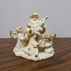 Christmas Music Box Plays Here Comes Santa Claus White Porcelain Gilded Lefton - Picture 1 of 10