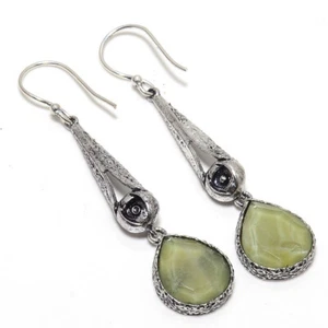 Faceted Serpentine Gemstone Silver Plated Earrings Jewelry 3" - Picture 1 of 1