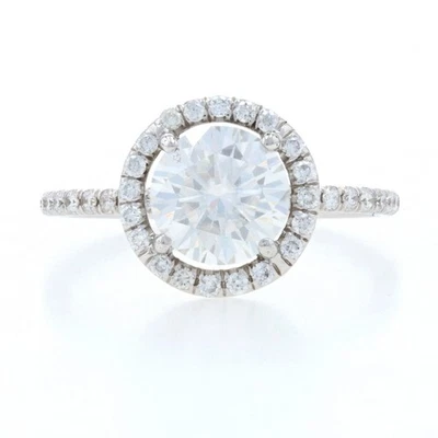 Oro Bianco Moissanite & Diamante Halo Anello di Fidanzamento - 18k Taglio - Immagine 1 di 4