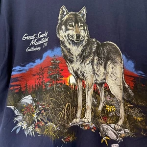 New VTG 1990s Smoky Mountain Wolf Sunset T-Shirt Tennessee 1999 Adult L - Picture 1 of 5