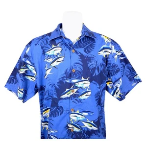 Guy Harvey Blue Tuna Fish Print Short Sleeve Button Down Shirt Mens L - Picture 1 of 6