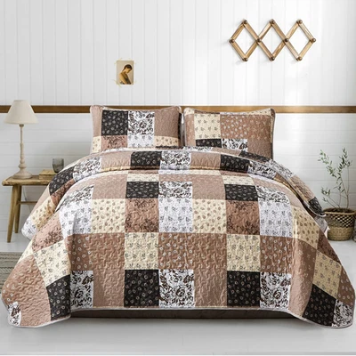 Brown Patchwork Quilt Set California King Size,3 Pieces Khaki Floral Plaid Rever - Image 1 of 4
