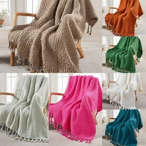 Chunky Knit Throw Blanket w/ Braided Tassels Soft Thick Yarn Basket Weave Boho - Picture 1 of 73