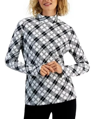 NEW NWOT Black & White Plaid Plus Sz 2X Stretchy Mock Neck Shirt KAREN SCOTT - Image 1 of 4