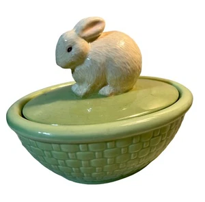 Vintage Hallmark Ceramic Easter Bunny Rabbit Dish with Lid Green Basket Weave - Picture 1 of 9