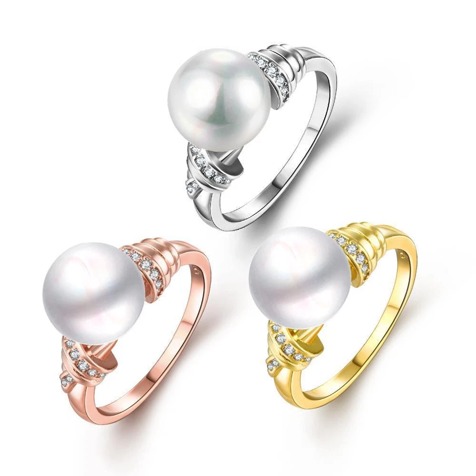 Rose Gold Platinum Plated Fashion Solitaire Ring White Glass Pearl Women B350 - Image 1 of 1