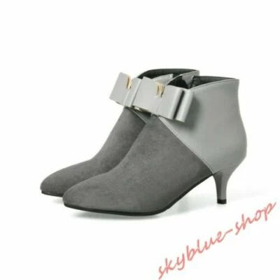 Mujer Botines Gatito Tacón Moño Punta Gamuza Zapatos de Vestir Gris EE. UU. 9 Foto 1 de 3