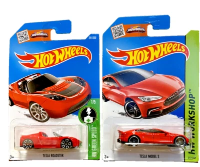 SET OF 2 TESLA CARS 1 RED TESLA ROADSTER & 1 MODEL S RED 1:64 by HOT WHEELS - Image 1 of 4