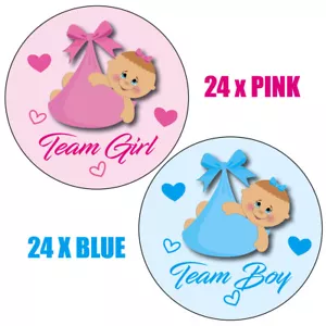 48 x GENDER REVEAL PARTY baby shower, 24x Team Girl 24 x Team Boy Stickers 021 - Picture 1 of 3
