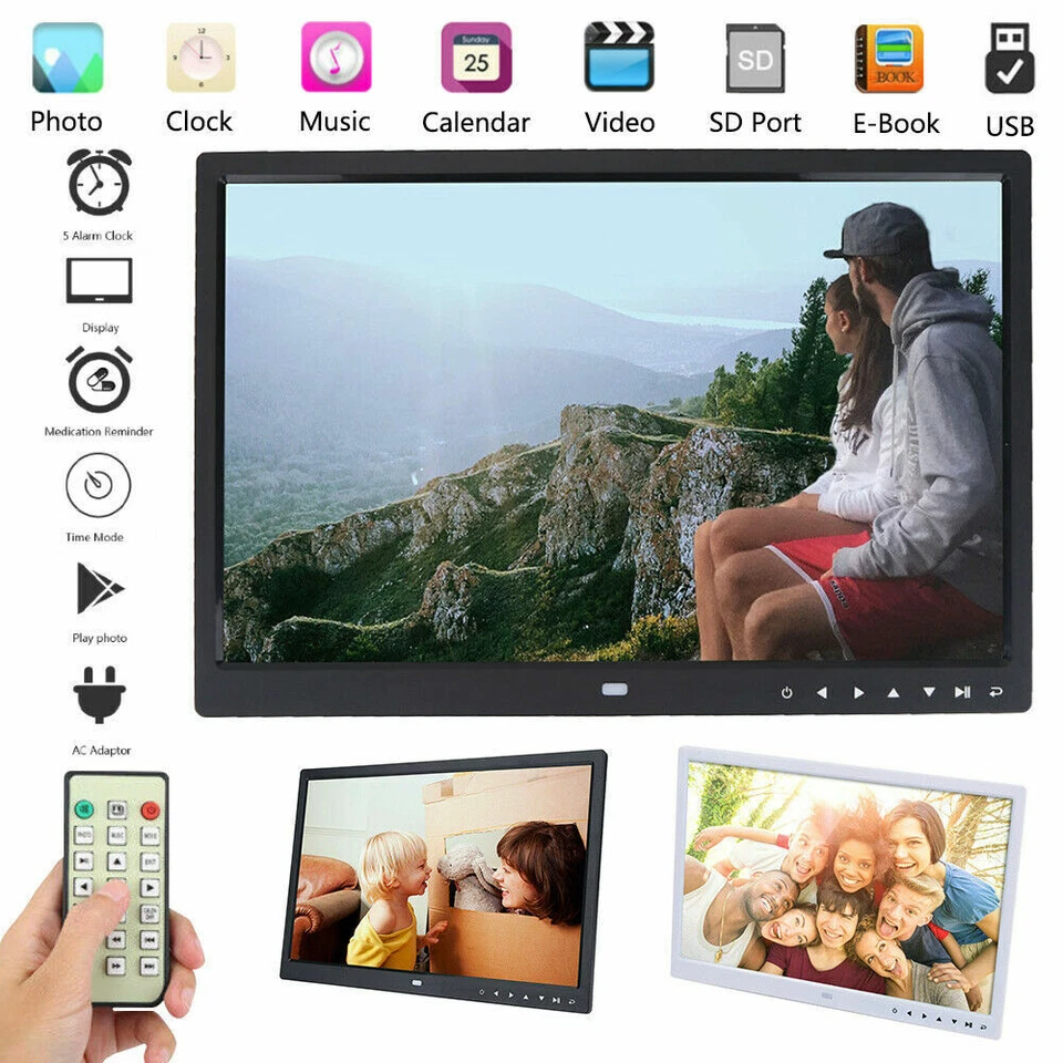 New 15 inch HD LED Photo Frame Remote Control Clock Picture Movie MP4 Player - Image 1 of 4