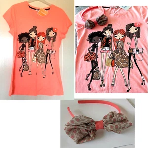 NEW Coral Printed Image of Girls T-Shirt Age 12-13 with Beads/Sequins & Headband - Picture 1 of 12