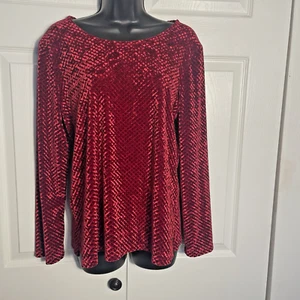 Camisa Pullover Top Mujer Grande Rojo Oscuro Terciopelo Texturizado Manga Larga Notations - Imagen 1 de 12