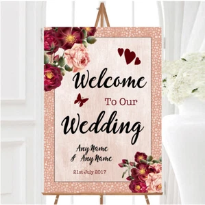 Coral Blush Deep Red Watercolour Rose Personalised Any Text Welcome Wedding Sign - Picture 1 of 1