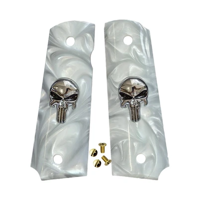 CTG Colt 1911 Grips Full Size, White Pearl Silver Punisher Skull with gold screws in