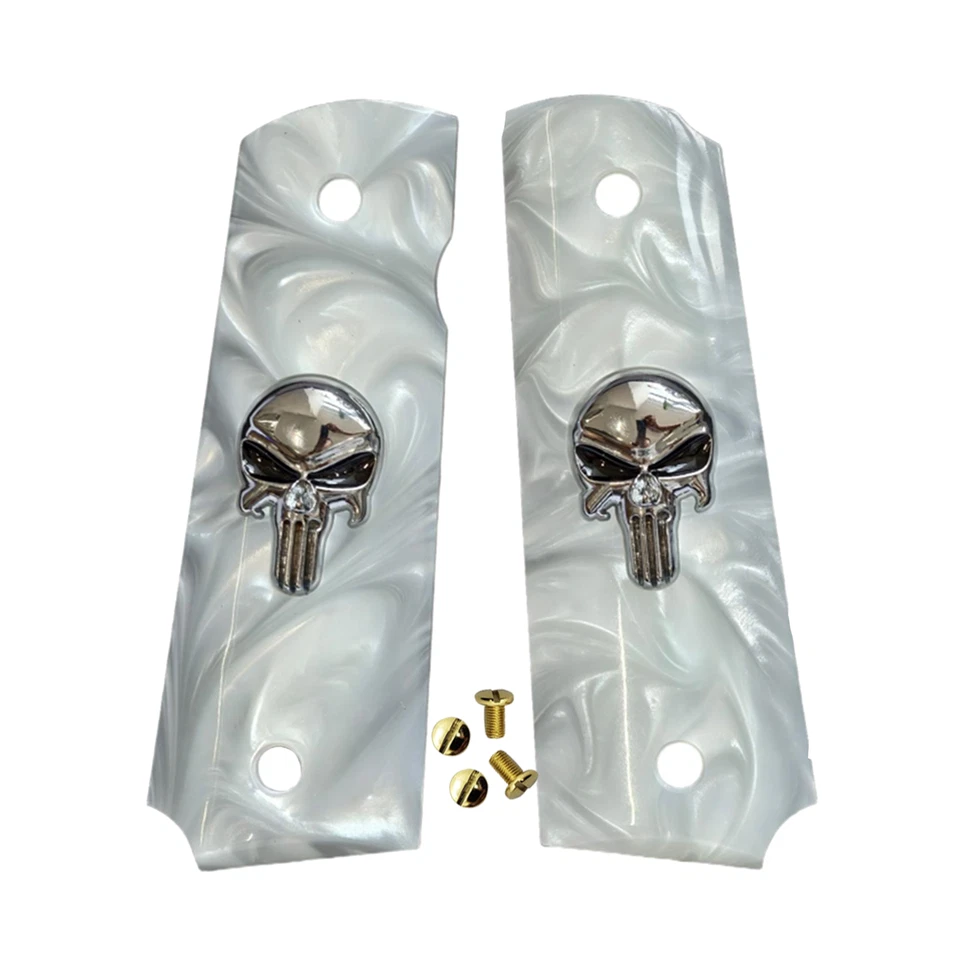 CTG Colt 1911 Grips Full Size, White Pearl Silver Punisher Skull with gold screws in