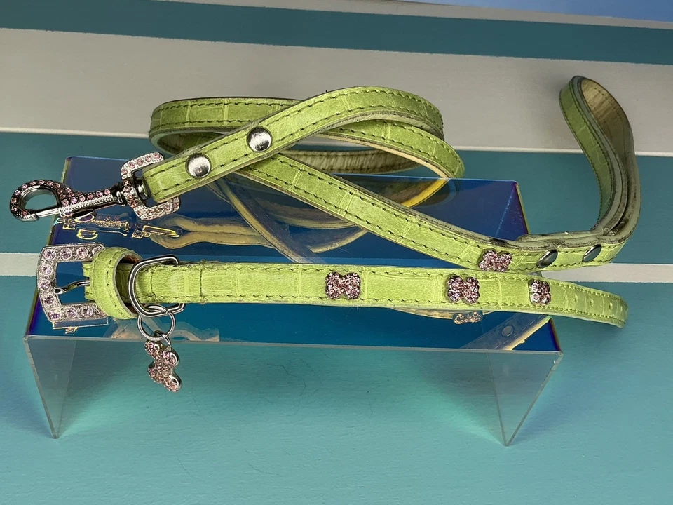 "Cuello y correa de 4 pies de cuero verde cromados usados, huesos de cristal rosa" Foto 1 de 4