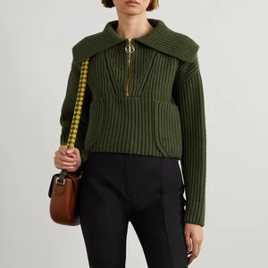 Patou 100% wool Sailor Collar Sweater 1/2 zip cropped army green size large L - Picture 1 of 14