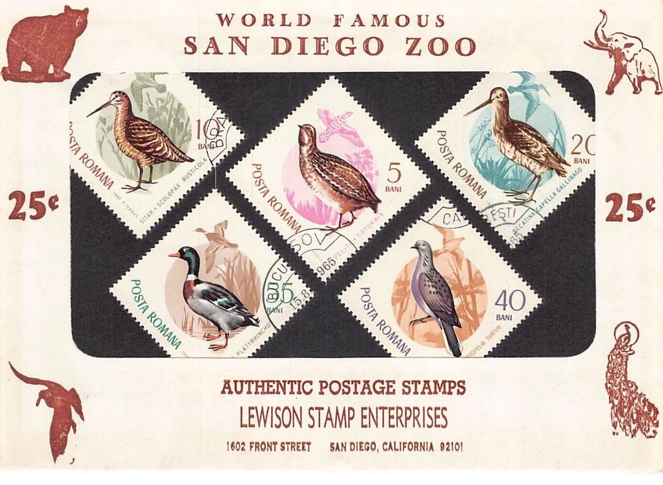 SA36g Rumania 1965 Aves en paquete de recuerdo del zoológico de San Diego, California, EE. UU. Foto 1 de 1