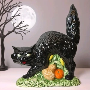 Estatuilla de gato negro de cerámica vintage de 14" decoración de otoño de Halloween firmada kitsch de los años 80 - Imagen 1 de 15