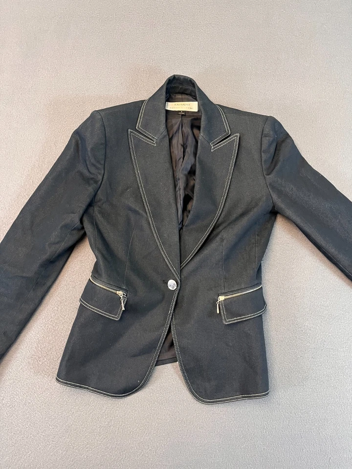 Blazer Tahari Traje Chaqueta Denim Mujer Talla 2 Bolsillos con Cremallera Negro Blanco Costuras Foto 1 de 4