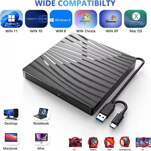 External CD/DVD-RW Drive USB 3.0,Portable Optical Burner Player for Laptop PC - Picture 1 of 23